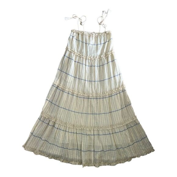 TORY BURCH Long Ruffle Dress Ivory Dutches Blue Stripe Size L. - Picture 7 of 11